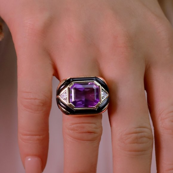 18ky Amethyst, Diamond and Black Onyx Ring - Picture 3 of 4